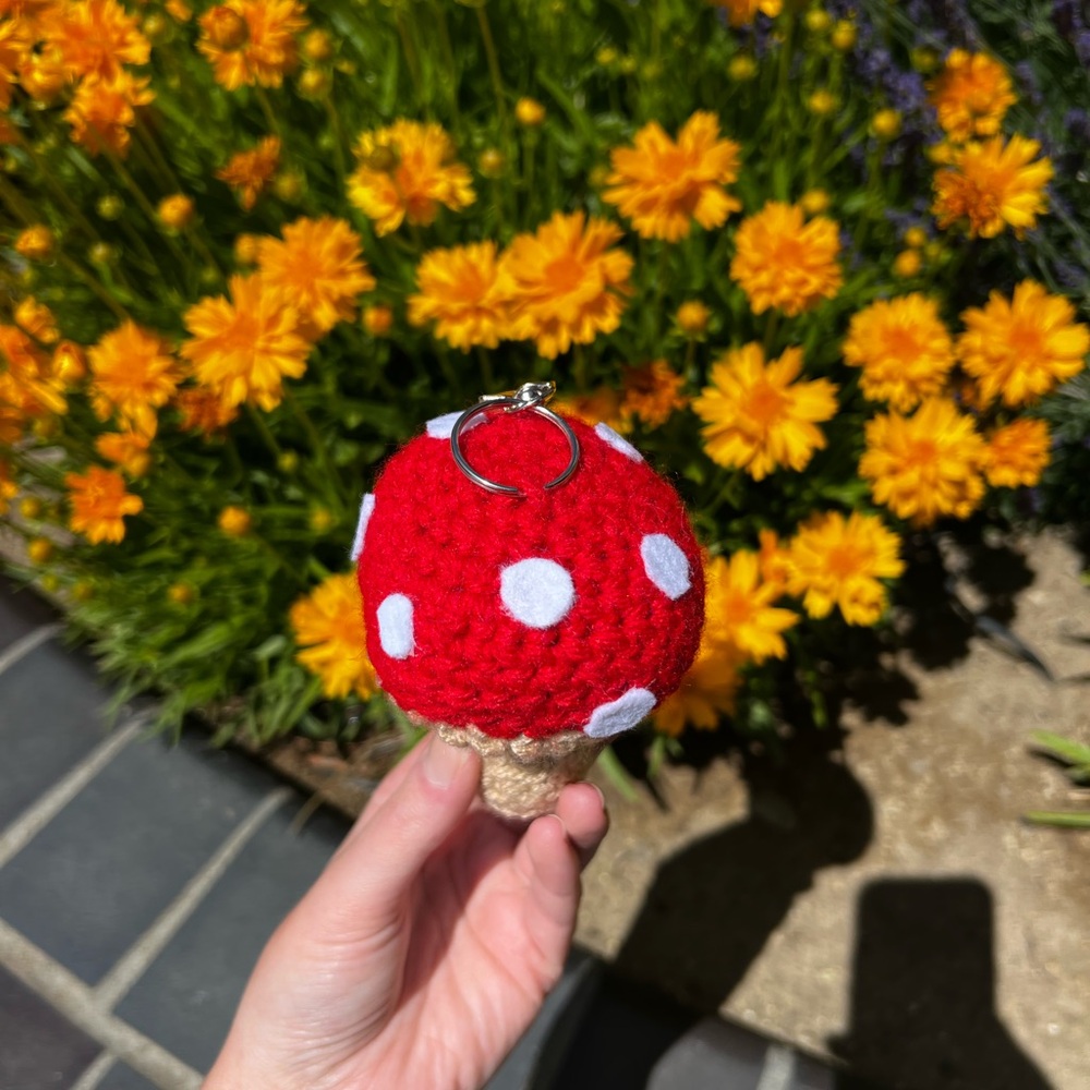 3/$20 Hand Crocheted Whimsical Red Mushroom Bag Charm Keychain! - Picture 6 of 11
